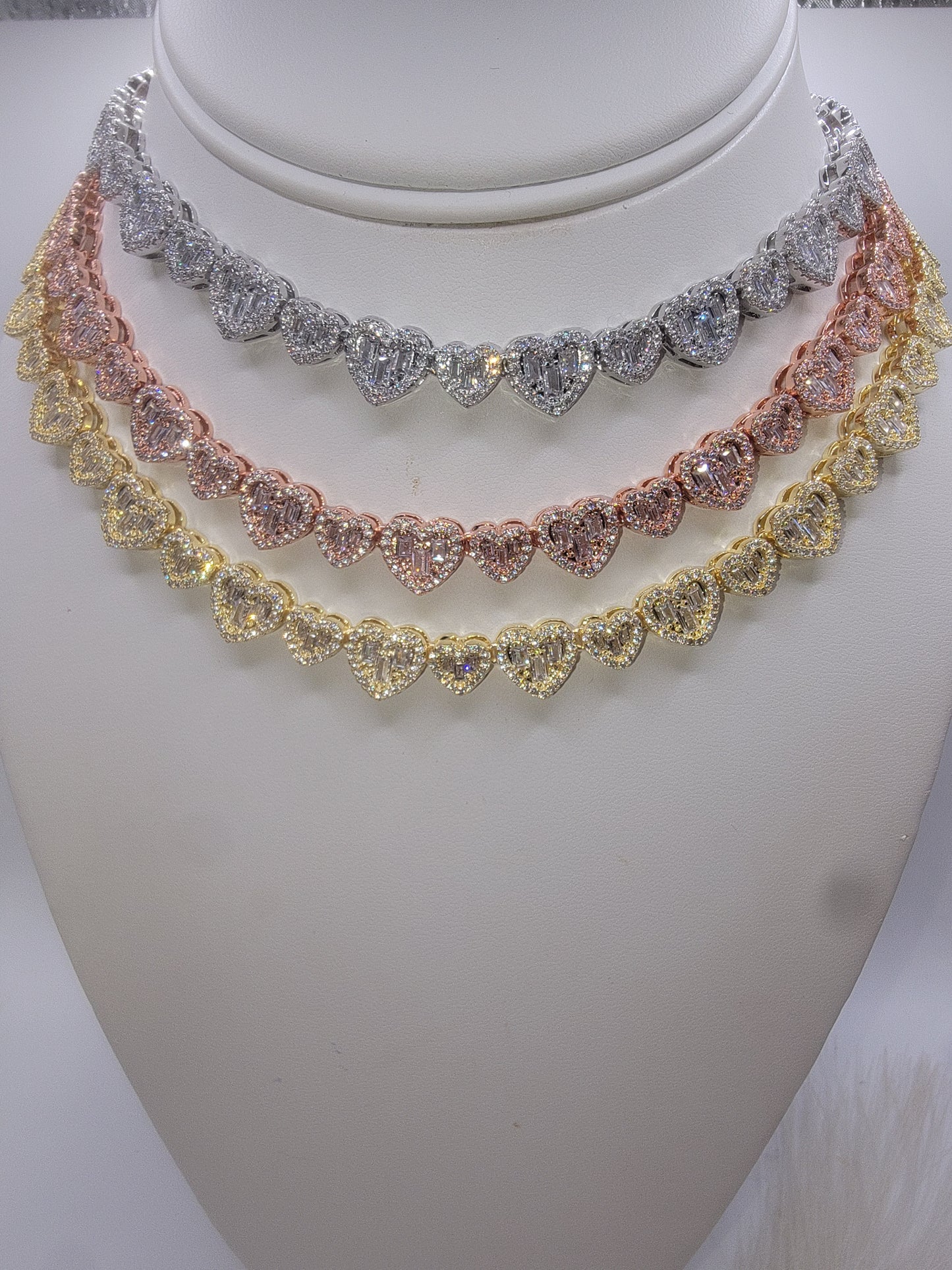 Hip Hop Hearts Choker with Real Glass Inlays, Silver/Gold/Rose Gold