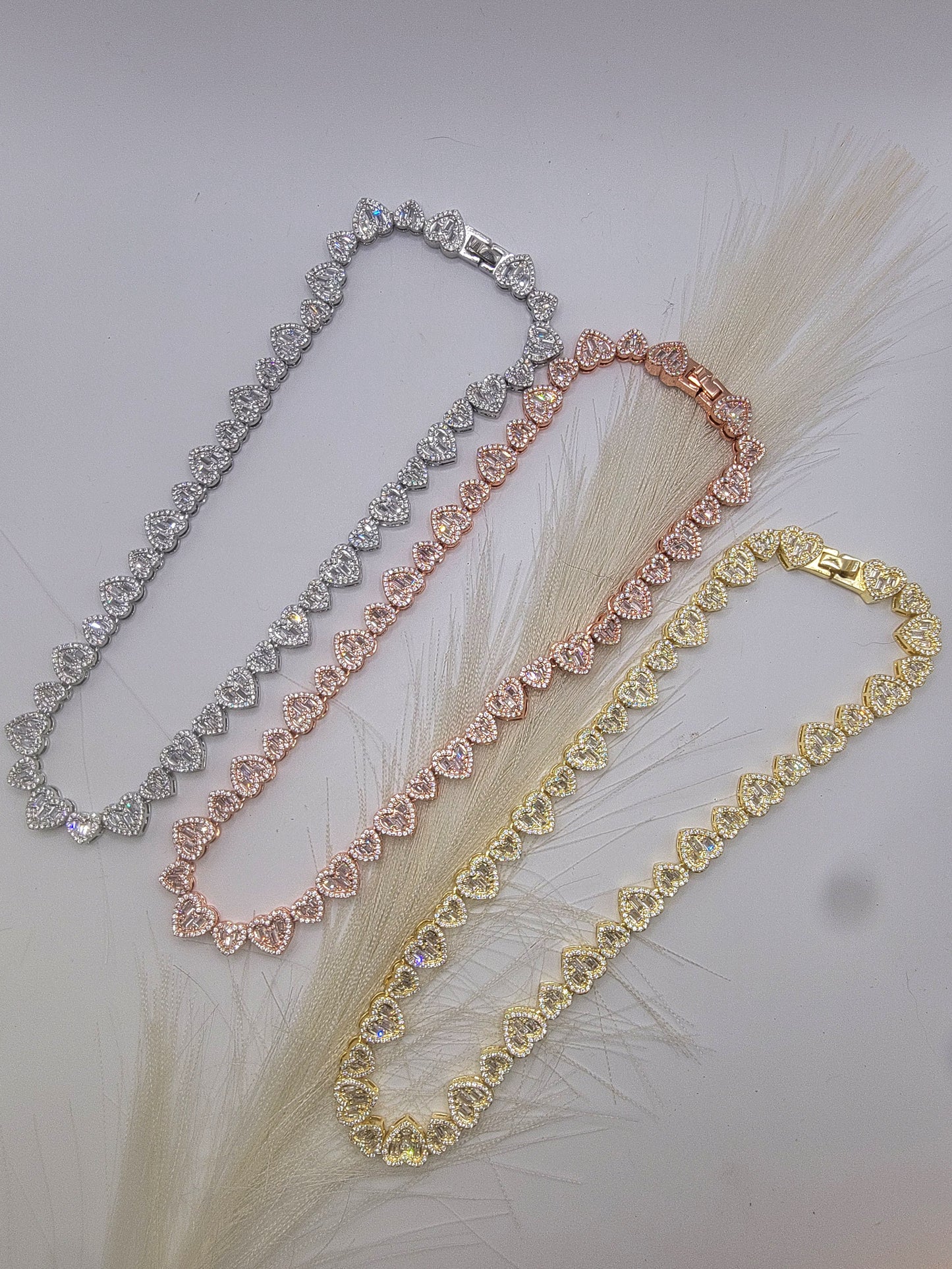 Hip Hop Hearts Choker with Real Glass Inlays, Silver/Gold/Rose Gold
