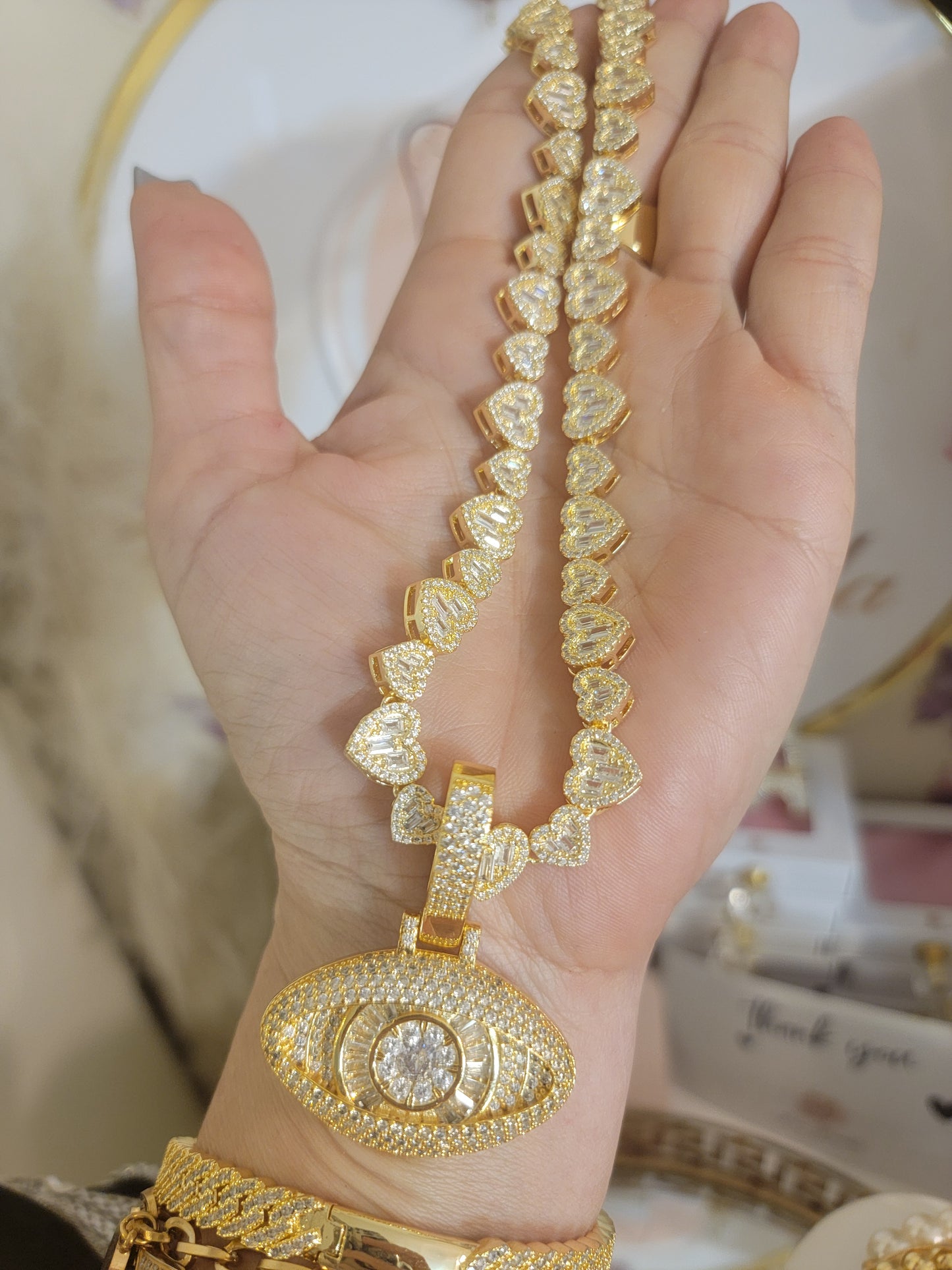 Gargantilla de Corazón de Vidrio y Ojo Turco de Vidrio 18inch