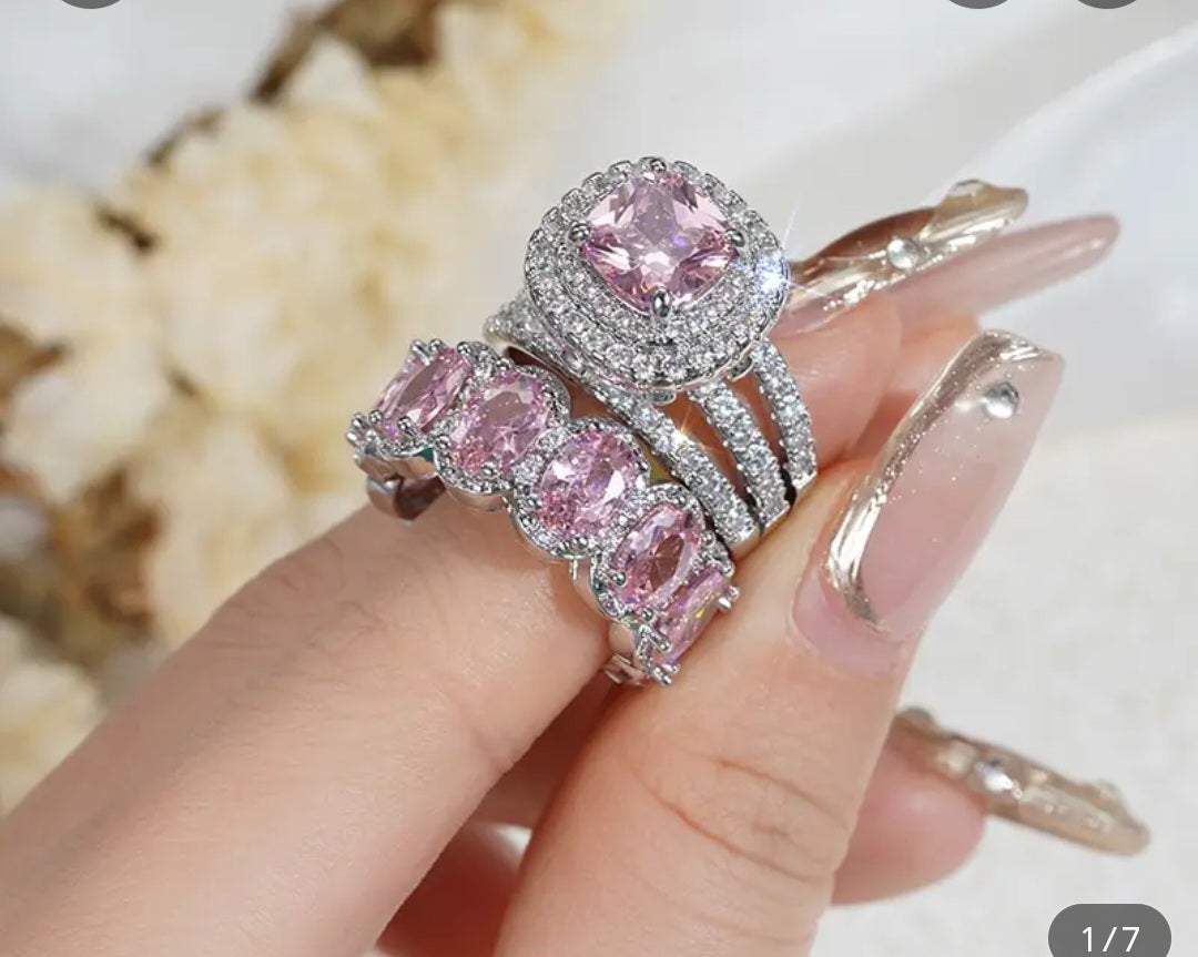 Forever Love Rings PINK SILVER Crushed Glass
