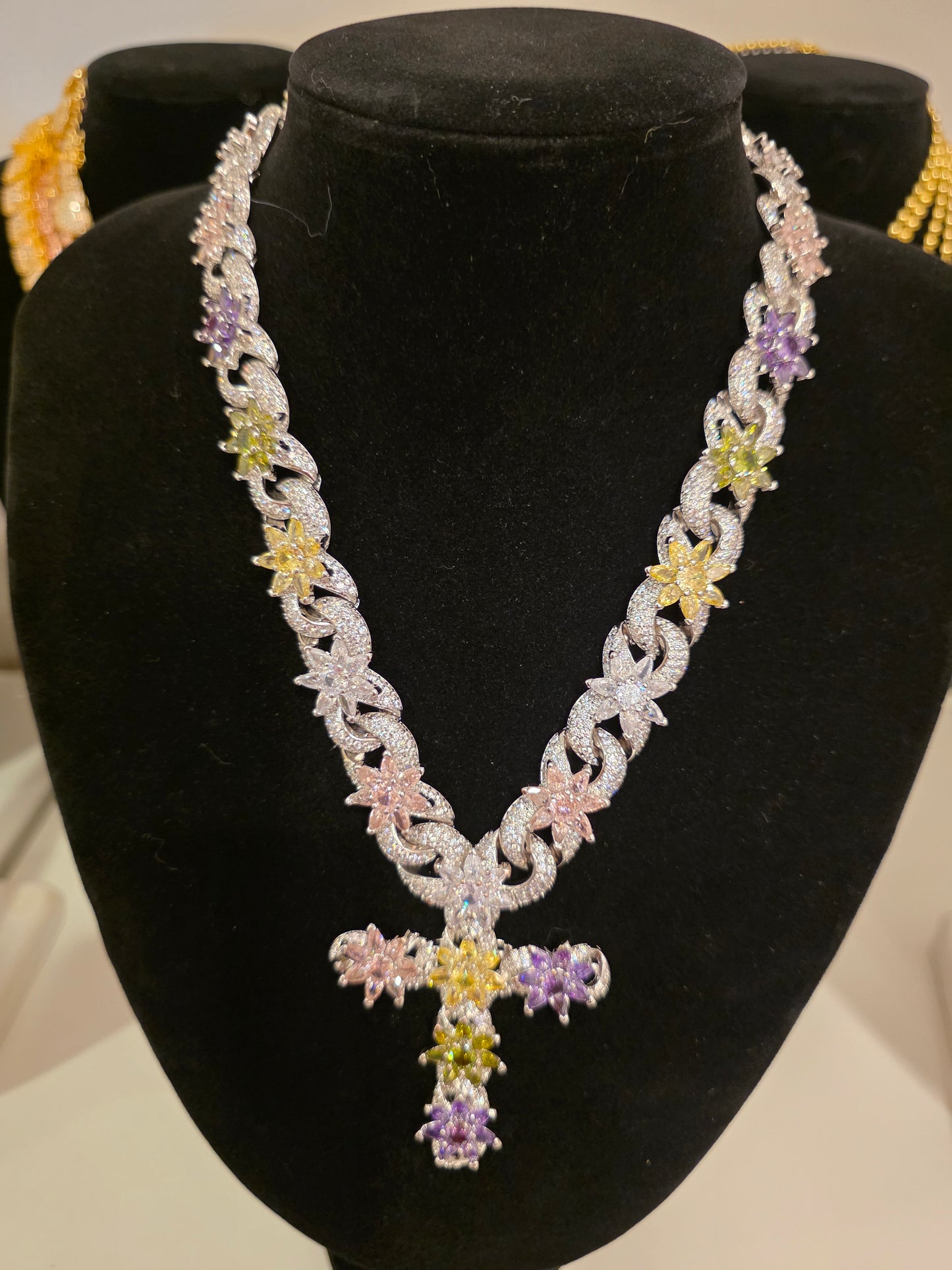 Cruz en Cubos de Hielo de para mujer elegante |Size 18inch Silver Flores de Colores Laminado Oro Blanco 14k