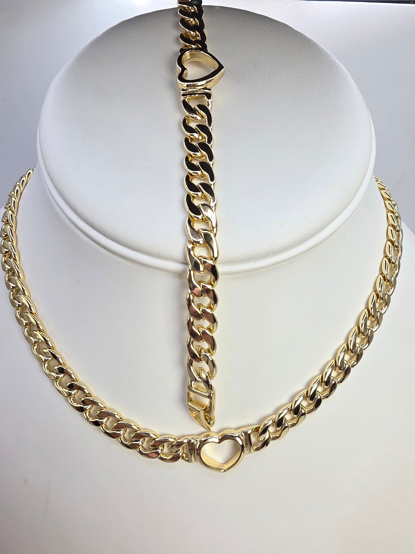 18-inch Cuban Chain with Heart and 7-inch Bracelets with Extension