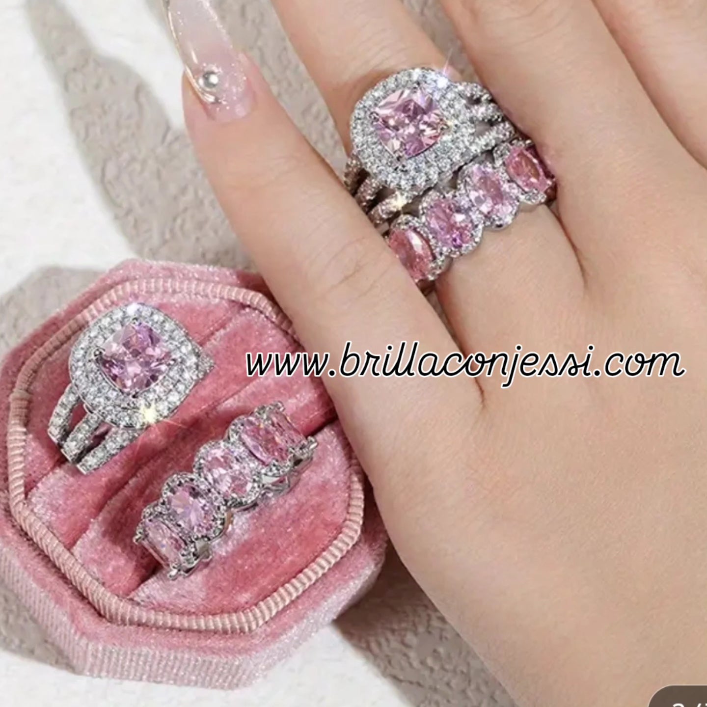 Forever Love Rings PINK SILVER Crushed Glass