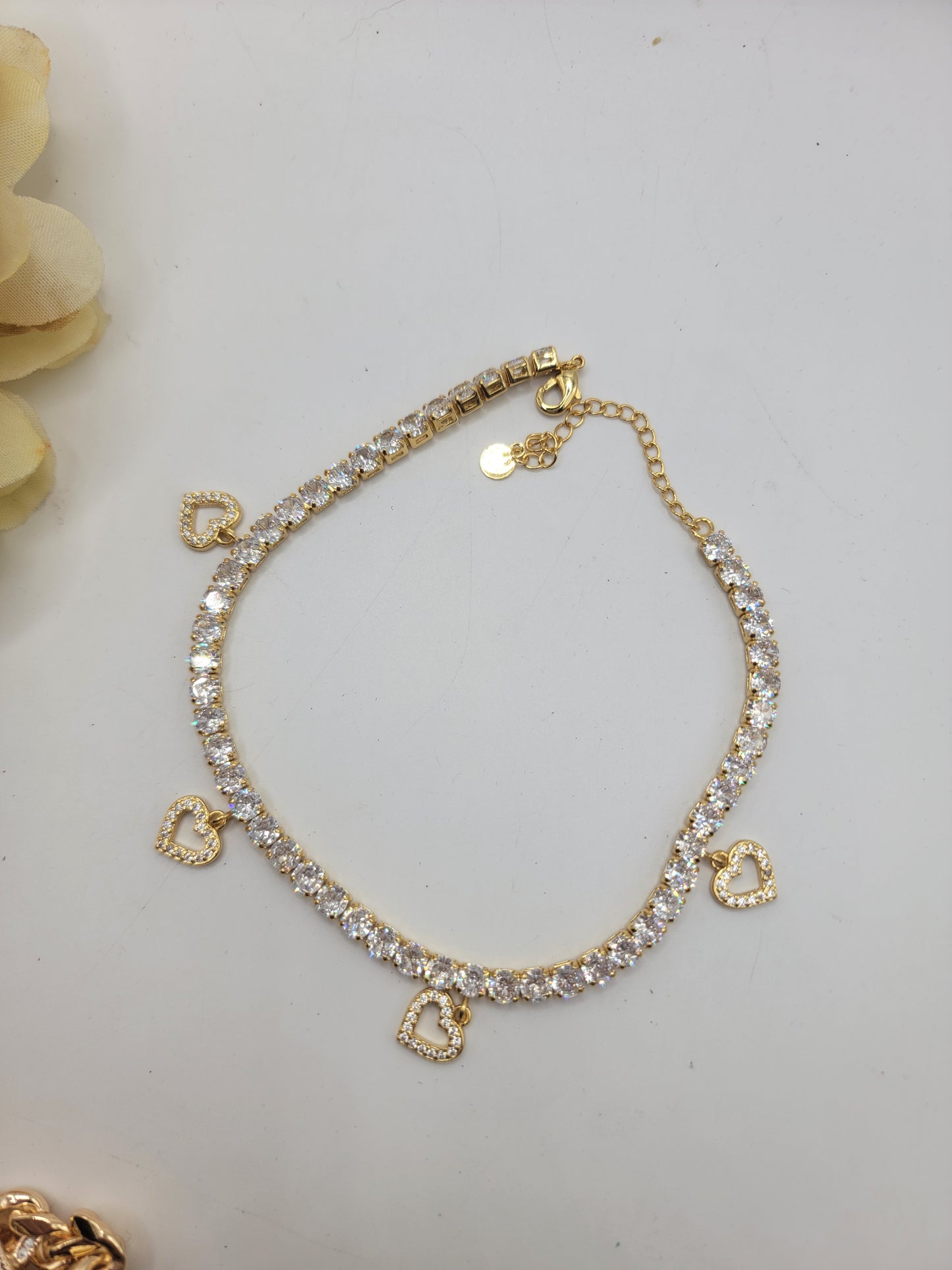 9-inch Real Glass Heart Tennis Anklet with Extension