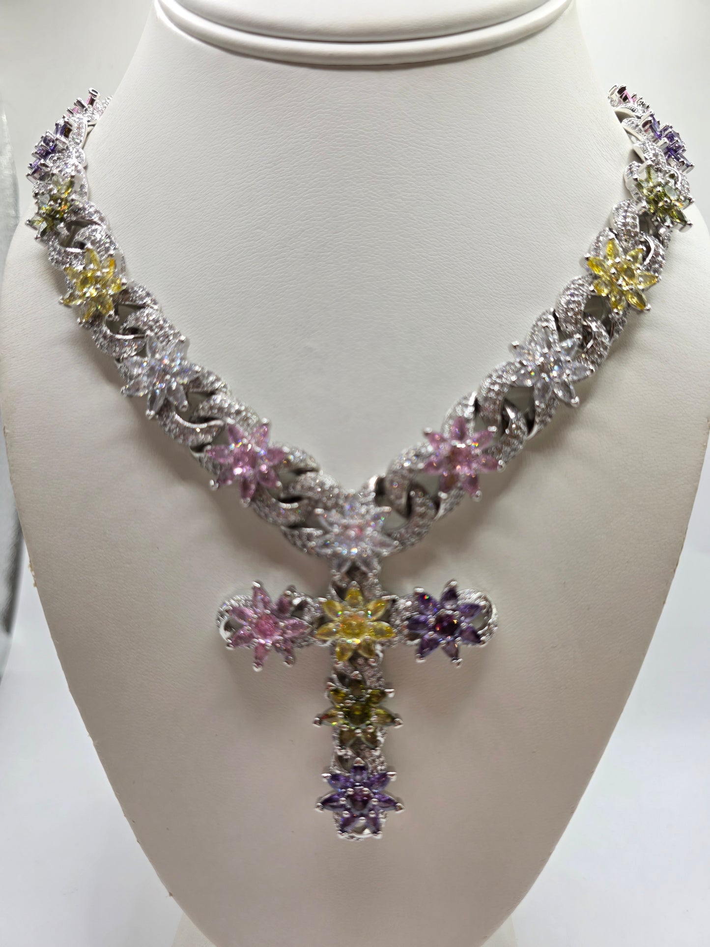 Cruz en Cubos de Hielo de para mujer elegante |Size 18inch Silver Flores de Colores Laminado Oro Blanco 14k