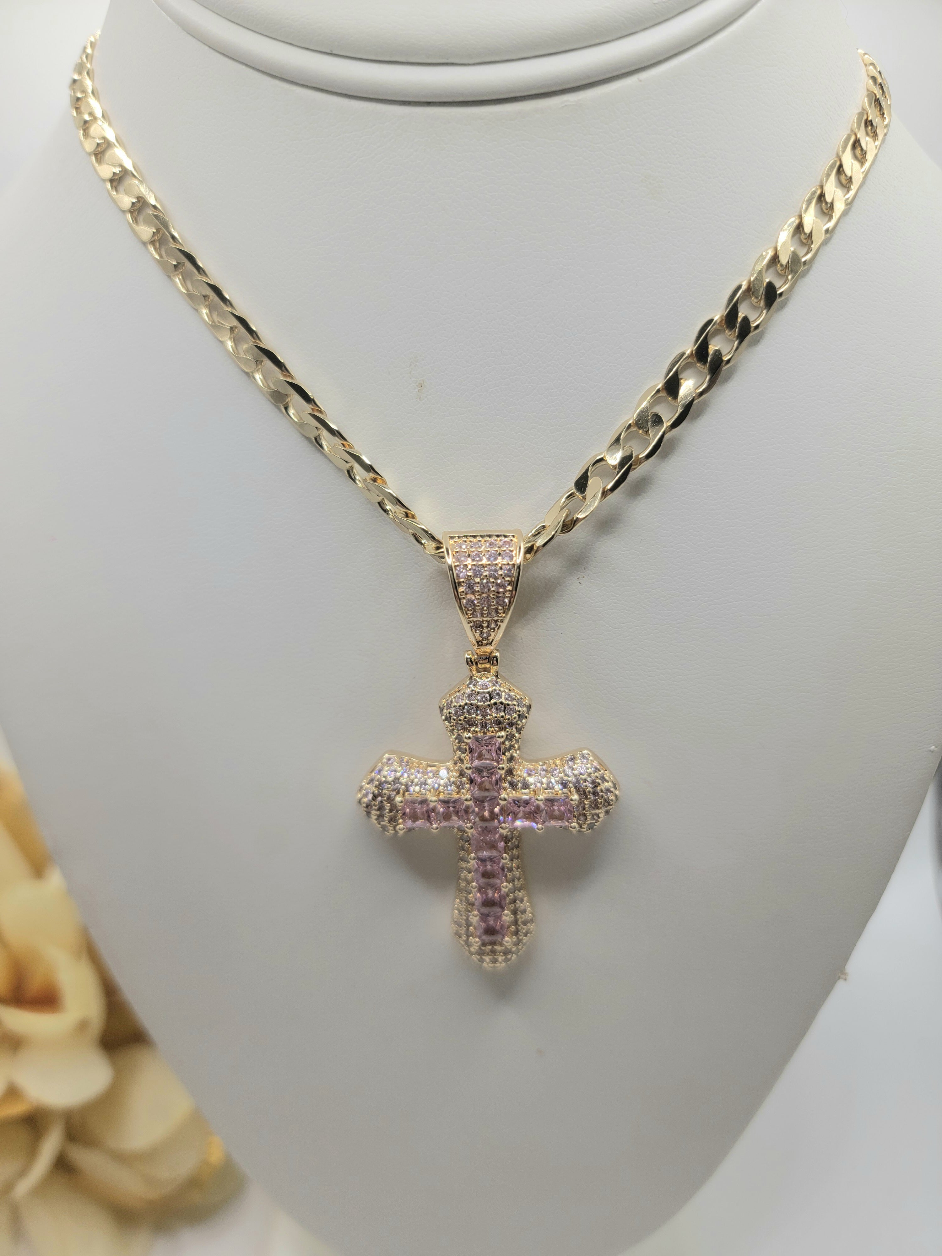 Cuba with a High-Quality 14k Gold-Plated Glass Rose Cross. 20cm Chain