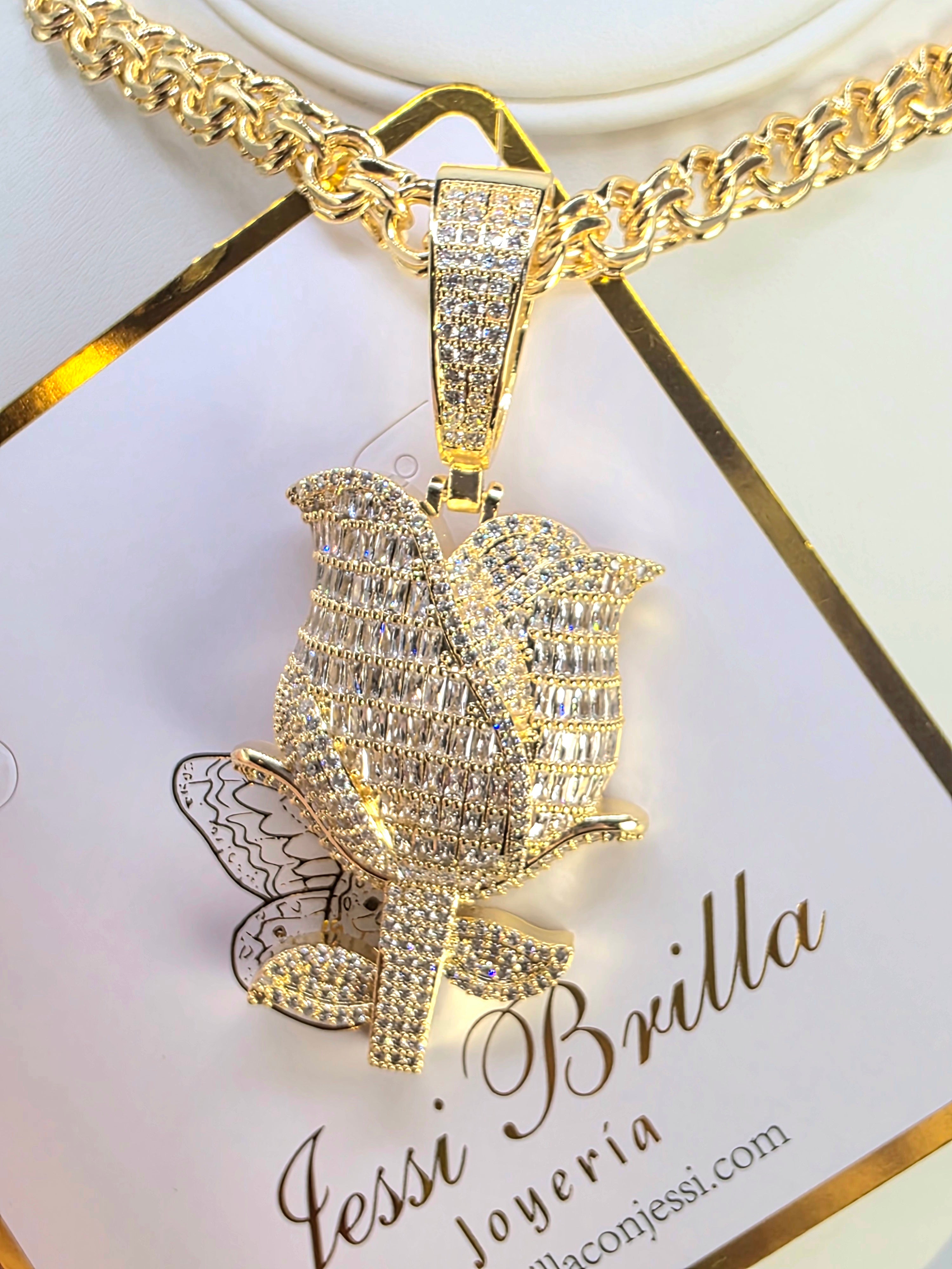 18inch Spanish woven chain with Rosa Adimantada in Vidrio Real