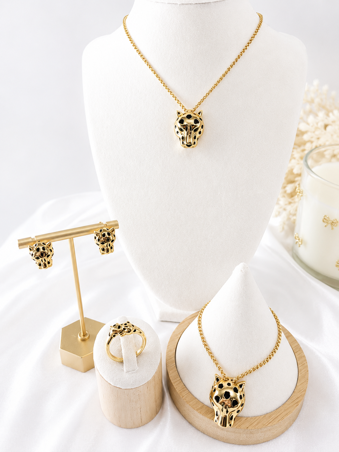 Panteras en tu cuello increible y hermoso set anillo 8/ Cadeja ajustable hasta 20inch