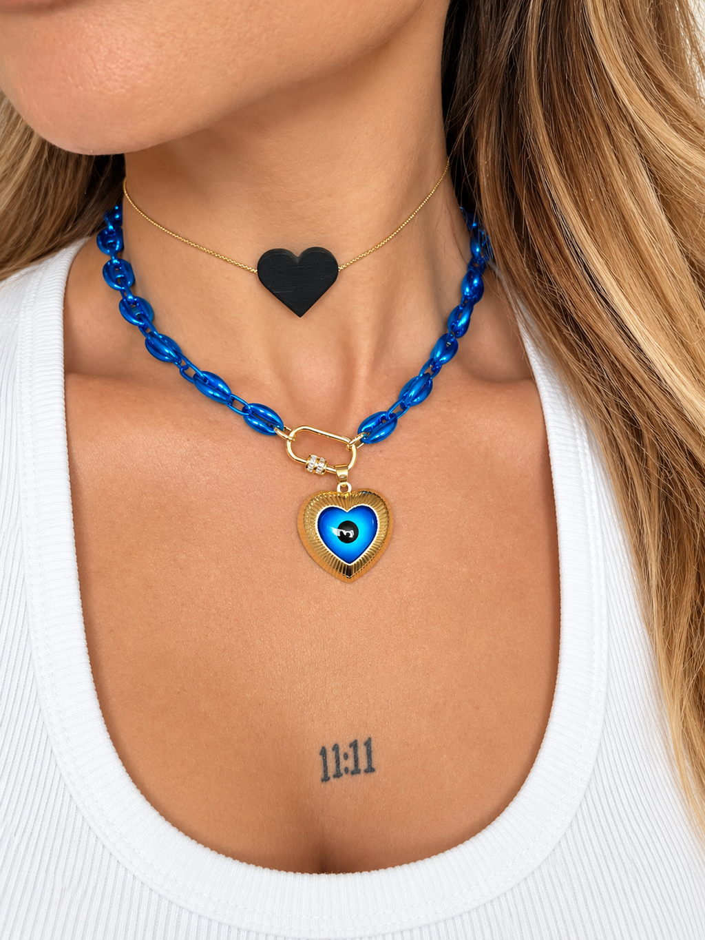 CADENA AZUL METALIZADO CON OJO TURCO DISEÑO PERSONALIZADO