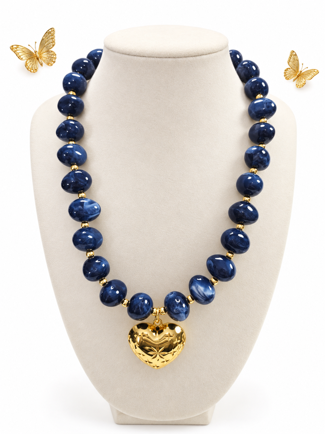 Collar de Balines Azul y Corazon diseño a mano -Size 18inch