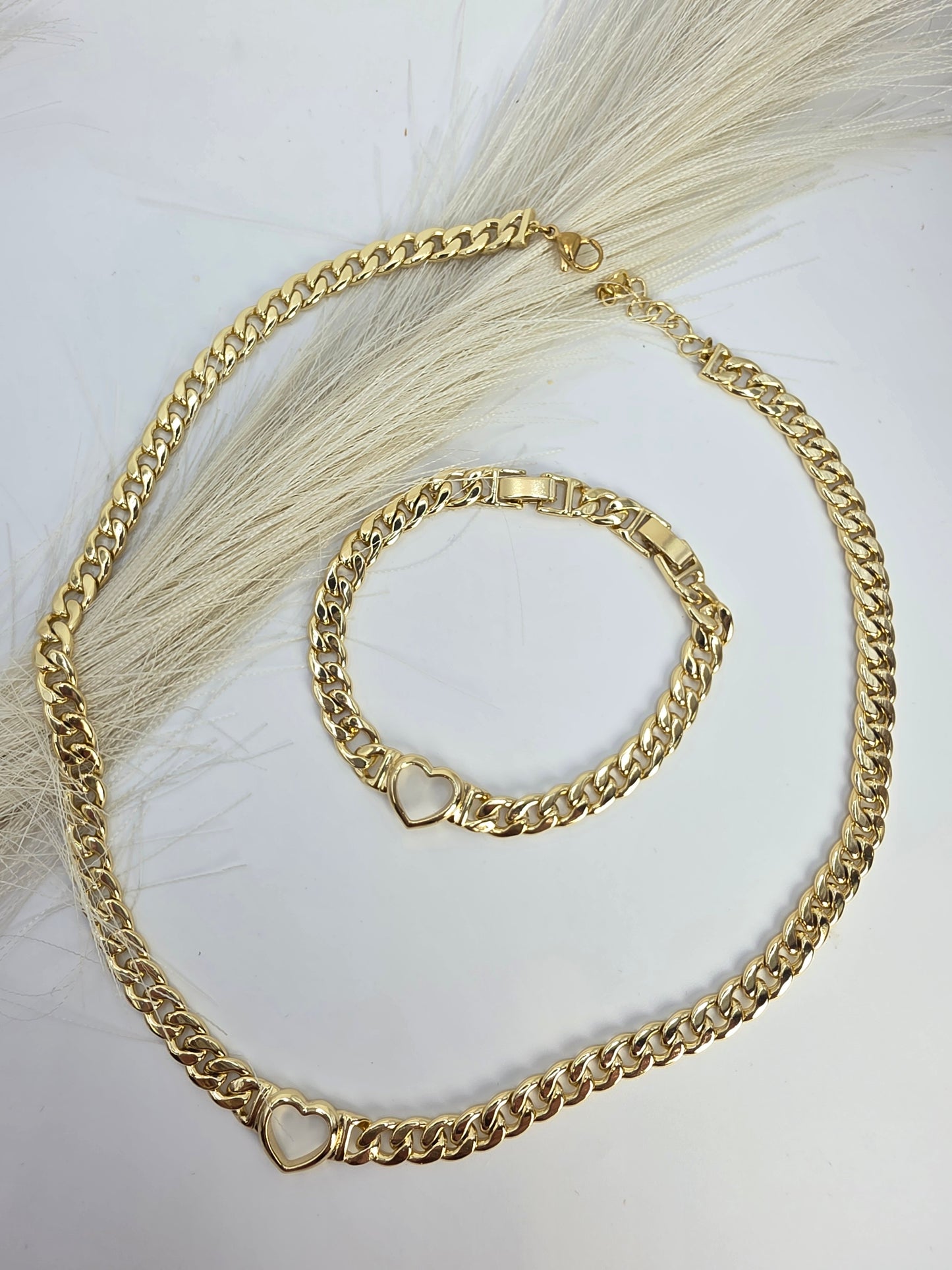 18-inch Cuban Chain with Heart and 7-inch Bracelets with Extension