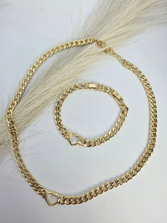 18-inch Cuban Chain with Heart and 7-inch Bracelets with Extension