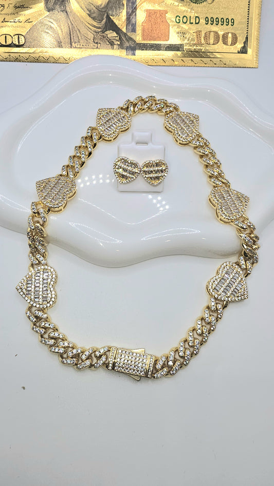 Set de Gargantilla de corazon en Vidrio Picado Oro Laminado 14k