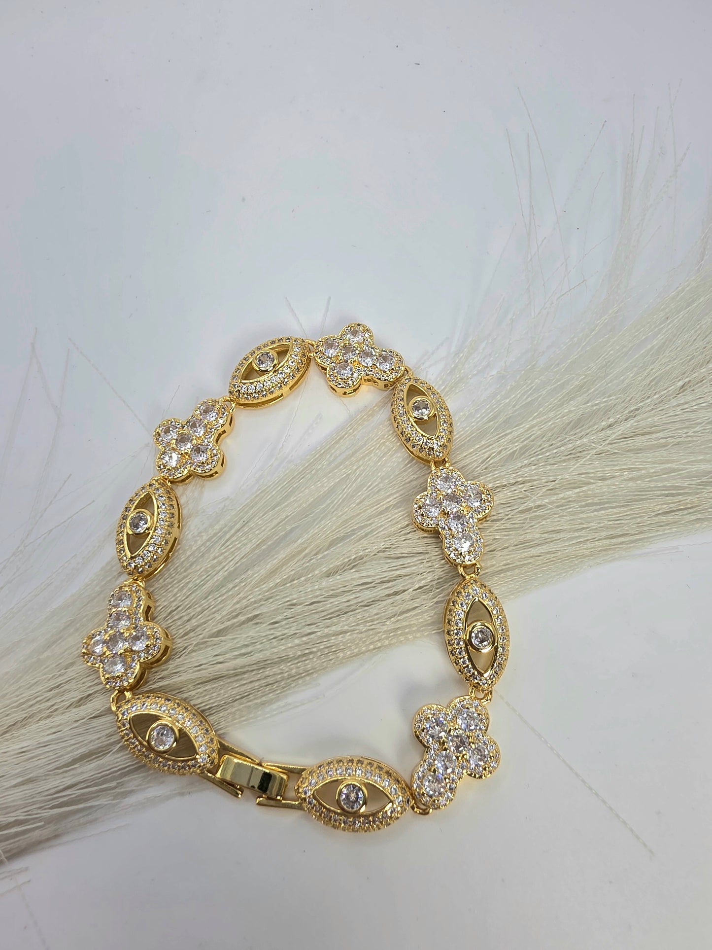 Pulsera de Ojos y Cruz en Vidrio Real 5A Laminado Alta Calidad 7 inchb