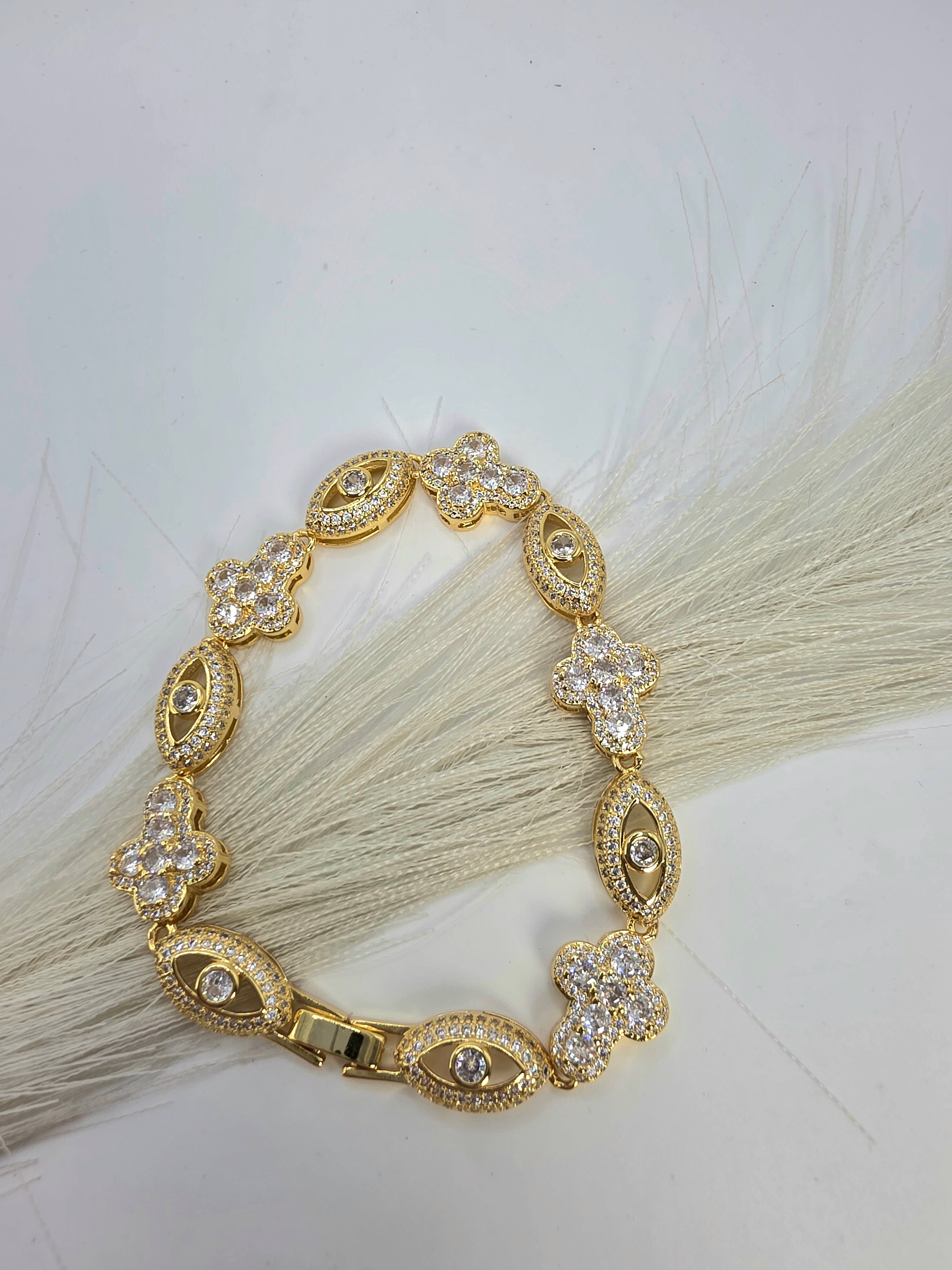Eye and Cross Bracelet in Real 5A Laminated High-Quality Glass 7 inches