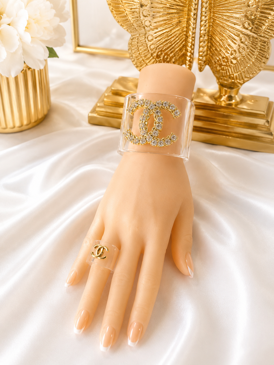 Bazaletes Oscuro/ Blanco/ Rosa / transparente - Size 7.5inch y anillo 7inch