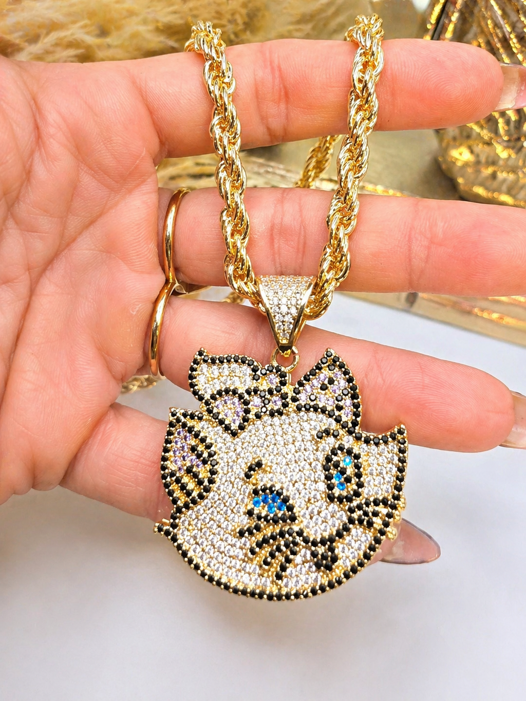 Cadena Torsal con Gata blanca Feliz en Vidrio Real Size 14k