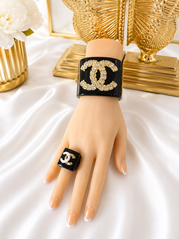 Bazaletes Oscuro/ Blanco/ Rosa / transparente - Size 7.5inch y anillo 7inch