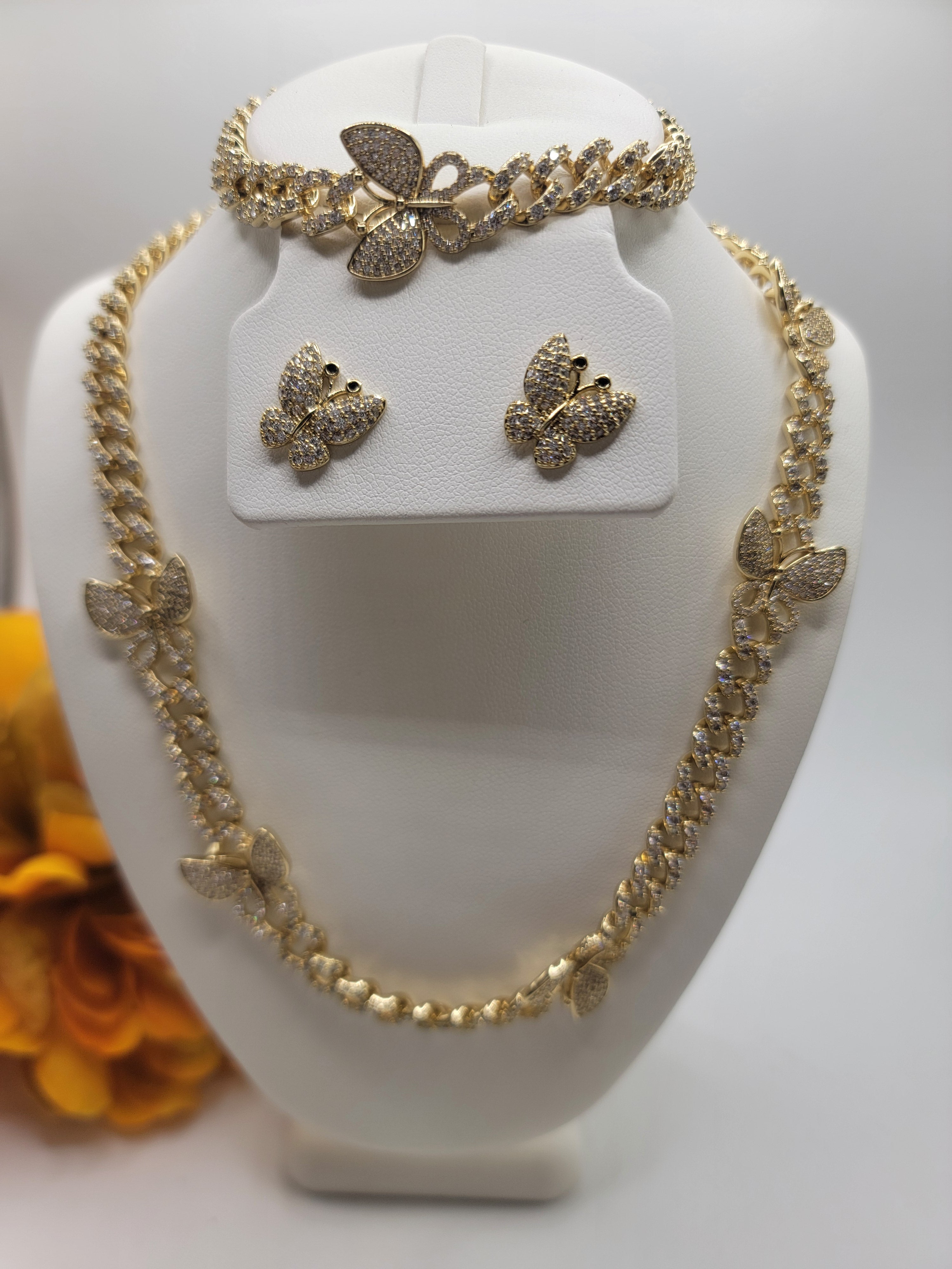 14k Laminated Zirconia Diamond Butterfly Set / 18inch Chain Bracelet 7.5 inch