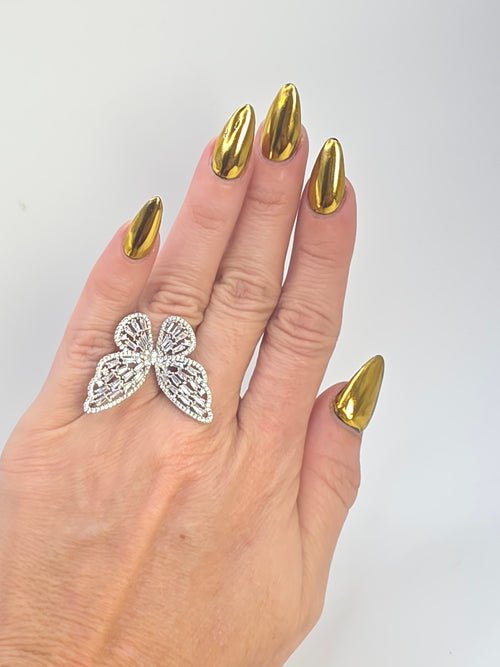 Adjustable Silver Butterfly Ring with Glass