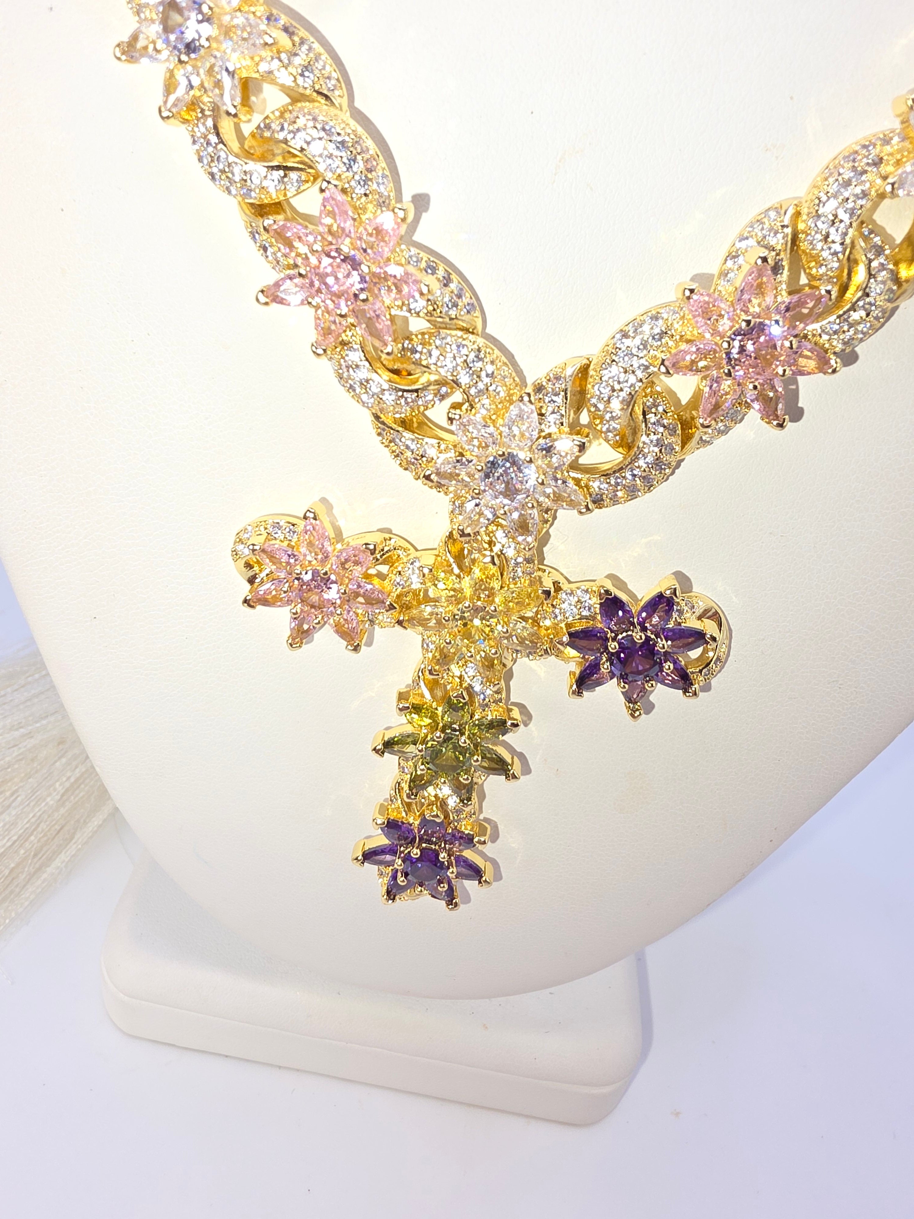 Women's Choker, Real 5A Glass with Showy Colorful Cross