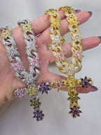 Women's Choker, Real 5A Glass with Showy Colorful Cross