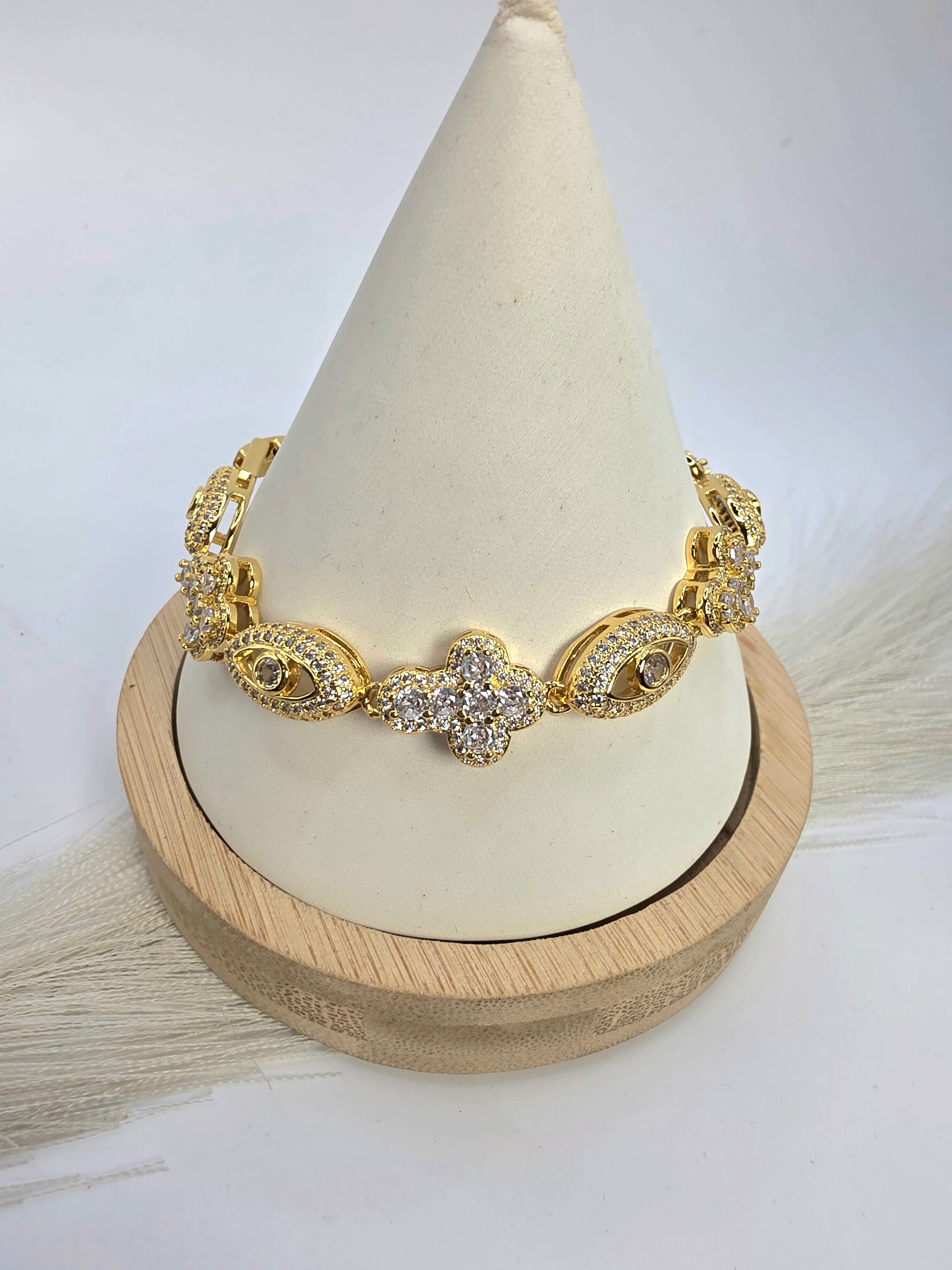 Eye and Cross Bracelet in Real 5A Laminated High-Quality Glass 7 inches