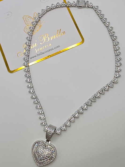 Crushed Ice Chain Real Glass Hearts Silver 18inch