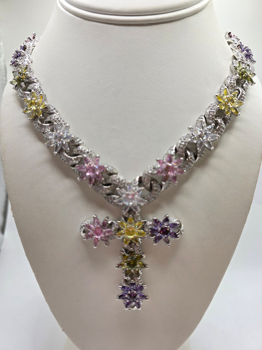 Cruz en Cubos de Hielo de  para mujer elegante |Size 18inch Silver Flores de Colores Laminado Oro Blanco 14k