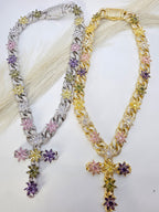 Women's Choker, Real 5A Glass with Showy Colorful Cross