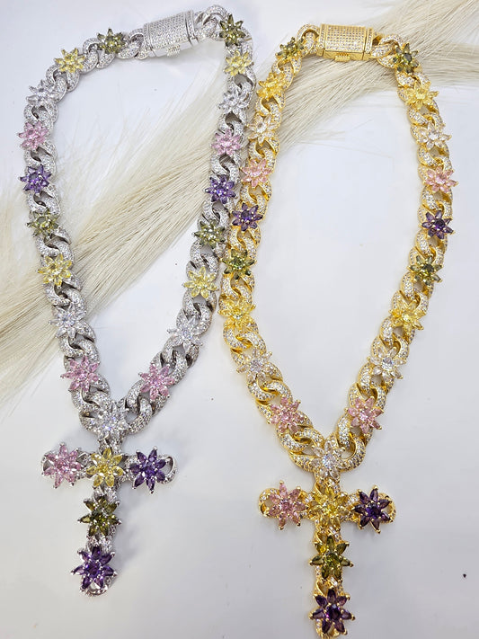 Gargantilla de Mujer 18inch Vidrio real 5A con cruz de colores ostentoso