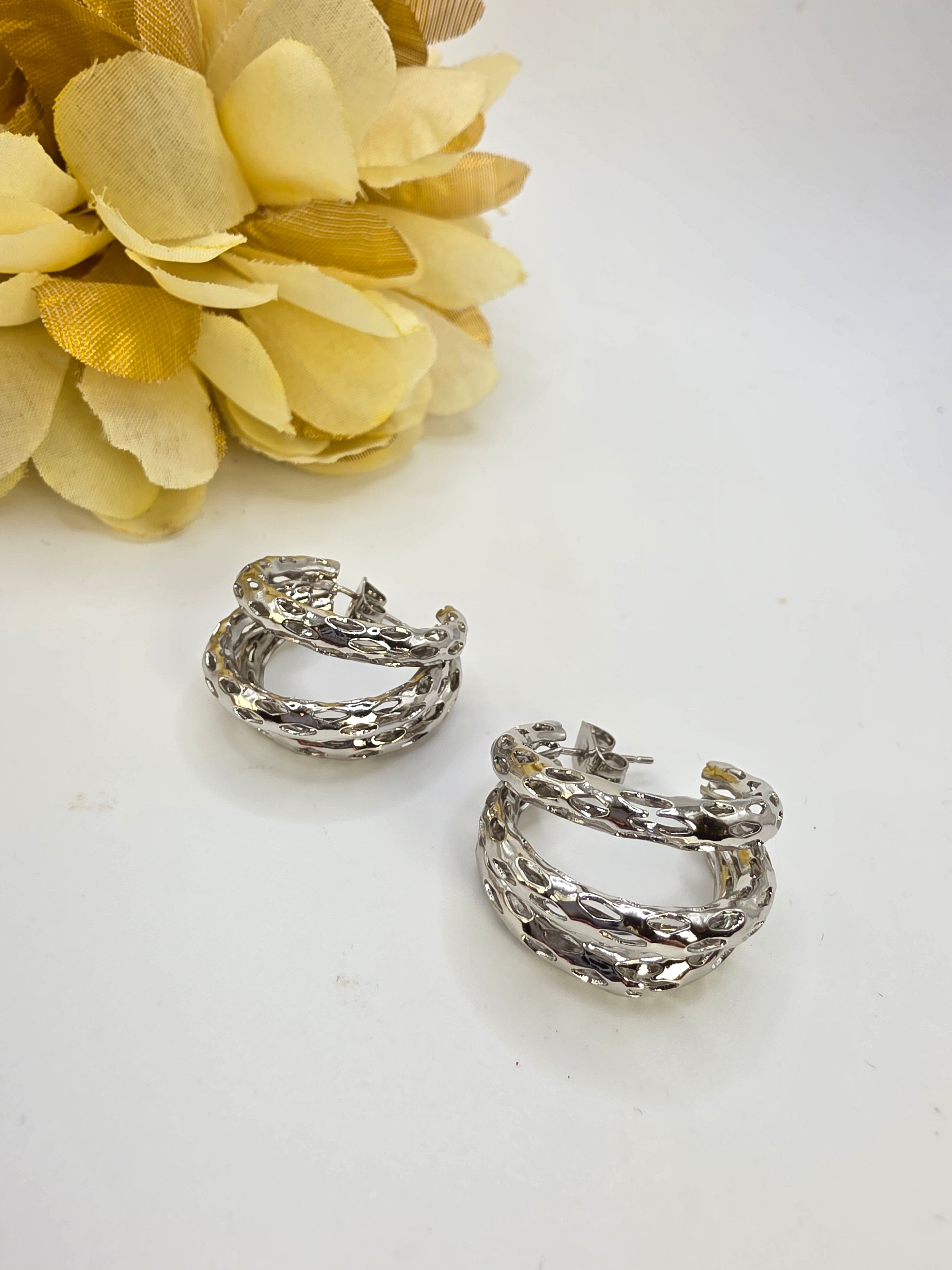 Medium double silver hoops