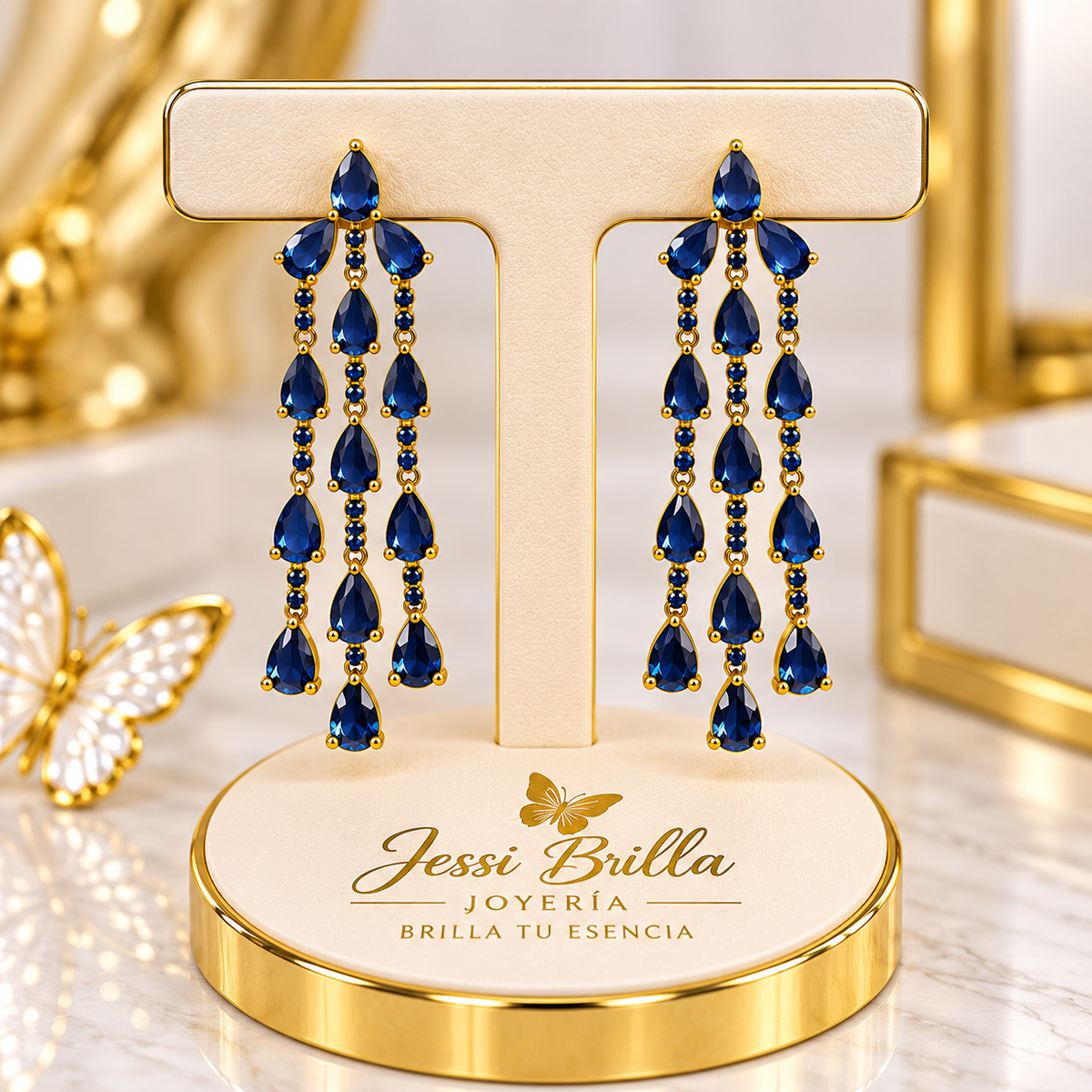 Aretes de Vidrio 5A Color Azul Marino Largos