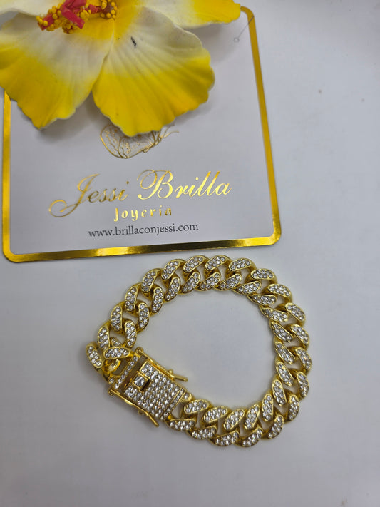 Brazalete Tejido Mónaco Adimantado Vidrio Real 5A Size 7inch | Laminado de Oro Real 14k