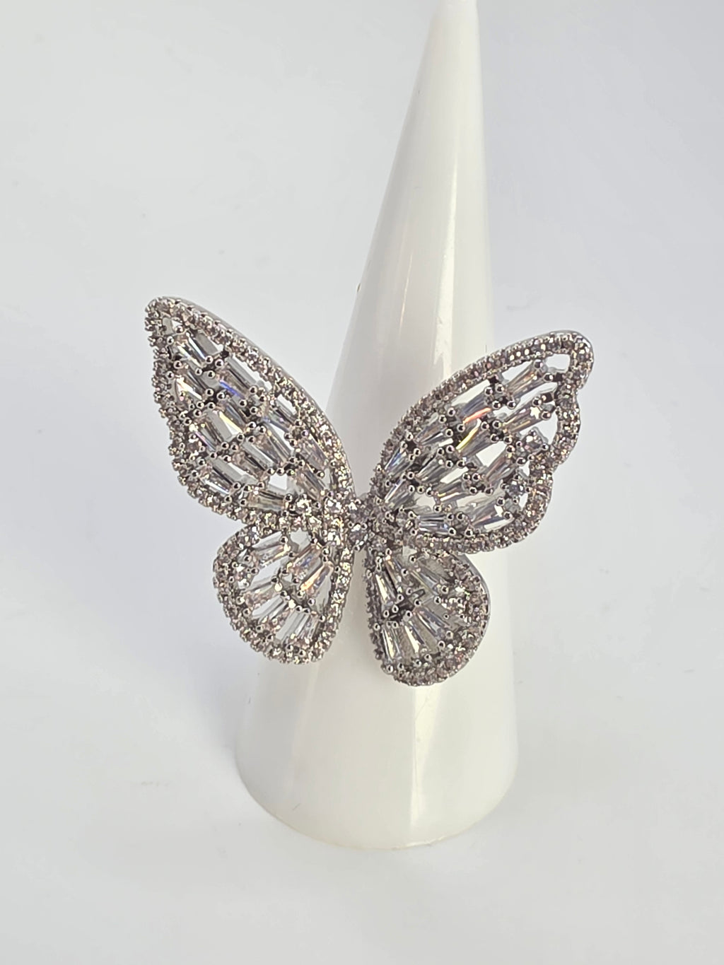 Adjustable Silver Butterfly Ring with Glass
