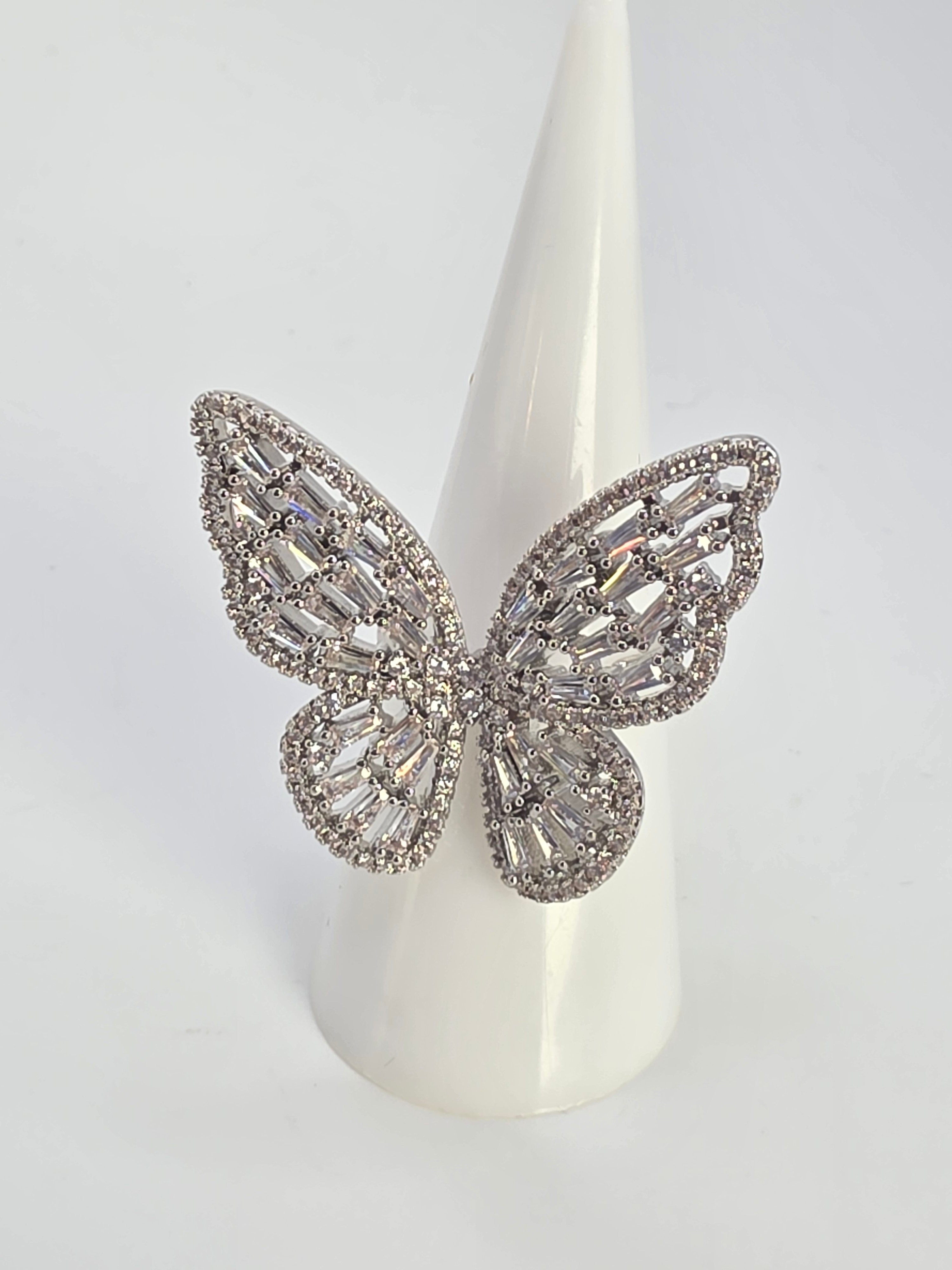Anillo Silver ajustable de Mariposa con Vidrio